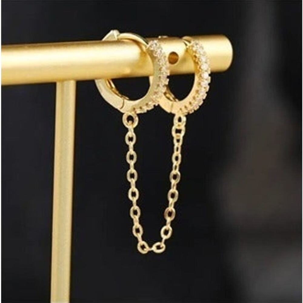 New Edgy 2 Tiny Double Huggie Hoop Cuffs Tassel Chain Dangle Earrings Gold A0116
